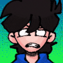 a cartoon drawing of a boy with a beard and a blue shirt .