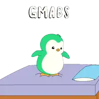 a cartoon of a penguin standing on a bed with the words gmabs above him