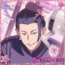 a picture of a man with a bow in his hair and the words girlboss on the bottom right