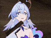 a girl with blue hair is holding a gun in her hand