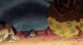 a cartoon drawing of a monster with many eyes looking at a man