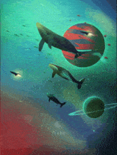 a painting of whales and planets with the word sleep in the corner