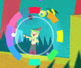 a cartoon of a man in a bubble surrounded by colorful objects