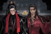 a man with long hair and a red jacket stands next to another man with long hair