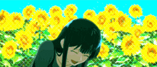 a girl in a field of sunflowers is laughing