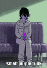 a pixel art of a person sitting on a purple bench holding a purple drink