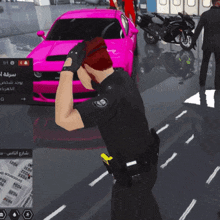 a police officer in front of a pink car