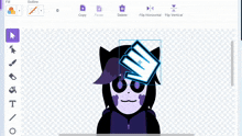 a drawing of a cat with purple hair is being created