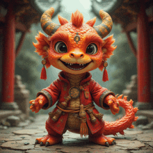 a cartoon dragon with horns and a red jacket