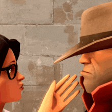 a man and a woman are touching each other 's faces in a video game
