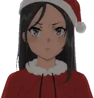 a girl with long black hair is wearing a santa hat and a red cape