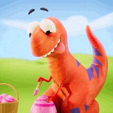 a cartoon dinosaur paints an easter egg pink