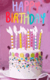 a birthday cake with candles and sprinkles and the words `` happy birthday '' on it .