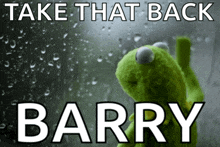 a kermit the frog looking out a window with the words take that back barry above him