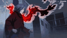 a cartoon of a girl with a red scarf around her neck and the word konoha in the corner
