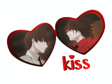 a couple of red hearts with the word kiss on it