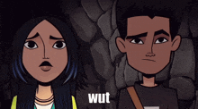 a man and a woman are standing next to each other and the word wut is on the bottom right