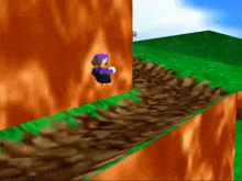 a video game character with a purple hat is climbing up a wall