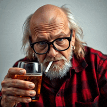 a man with glasses and a cigarette in his mouth holds a glass of beer