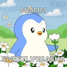 a blue and white penguin is standing in a field of daisies and holding a flower .