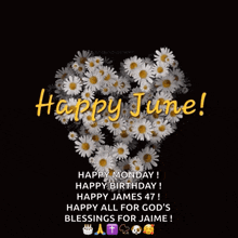 a heart made of daisies with the words happy june on it