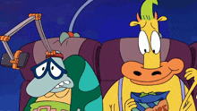 two cartoon characters sitting next to each other with one holding a bag of chips that says ' rude ' on it