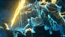 a giant monster with a lightning bolt coming out of it 's mouth