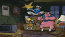 a group of cartoon characters playing a video game in a living room .