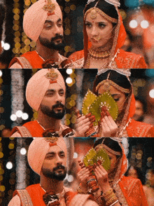 a bride and groom are standing next to each other and the bride is covering her face with a fan