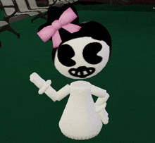 a black and white cartoon character with a pink bow on her head .
