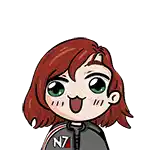 a cartoon girl with red hair and green eyes is wearing a jacket with the letter n7 on it .