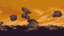 a pixel art of rocks falling in the air with a sunset in the background
