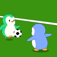 two penguins playing with a soccer ball on a green field