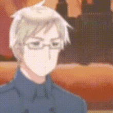 a pixelated drawing of a man wearing glasses and a blue shirt .