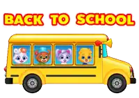 a yellow school bus with four animals on it and the words back to school