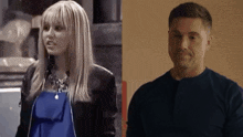 a woman in a blue top and a man in a black shirt