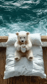 a teddy bear is sitting on a bed with a cup of coffee in front of the ocean .