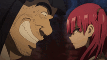 a man and a girl are looking at each other and the girl has red hair