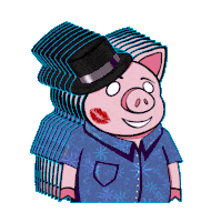 a cartoon pig wearing a top hat and a blue shirt has a kiss on his face