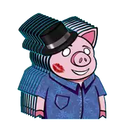 a cartoon pig wearing a top hat and a blue shirt has a kiss on his face