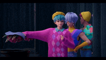 a girl with blue hair is wearing a pink sweater and a yellow beanie