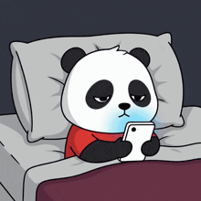 a cartoon panda bear laying in bed looking at a cell phone