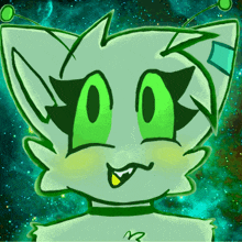a drawing of a cat with green eyes and the letter r