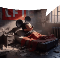 a mickey mouse laying on a bed in a room with a sign that says grenade phase