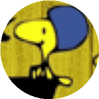 a cartoon character wearing a blue hat is in a yellow circle