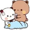 a teddy bear is holding a glass of milk next to a cartoon bear .