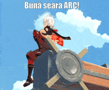 a cartoon character sitting on top of a large object with the words buna seara arc written on the bottom