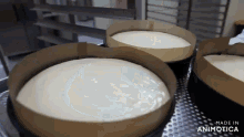 three cakes are sitting on a tray with the words made in animatica on the bottom right