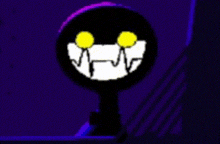 a black and white cartoon character with yellow eyes and teeth