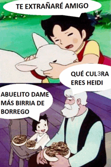 a cartoon of heidi holding a rabbit and an older man holding bowls of food